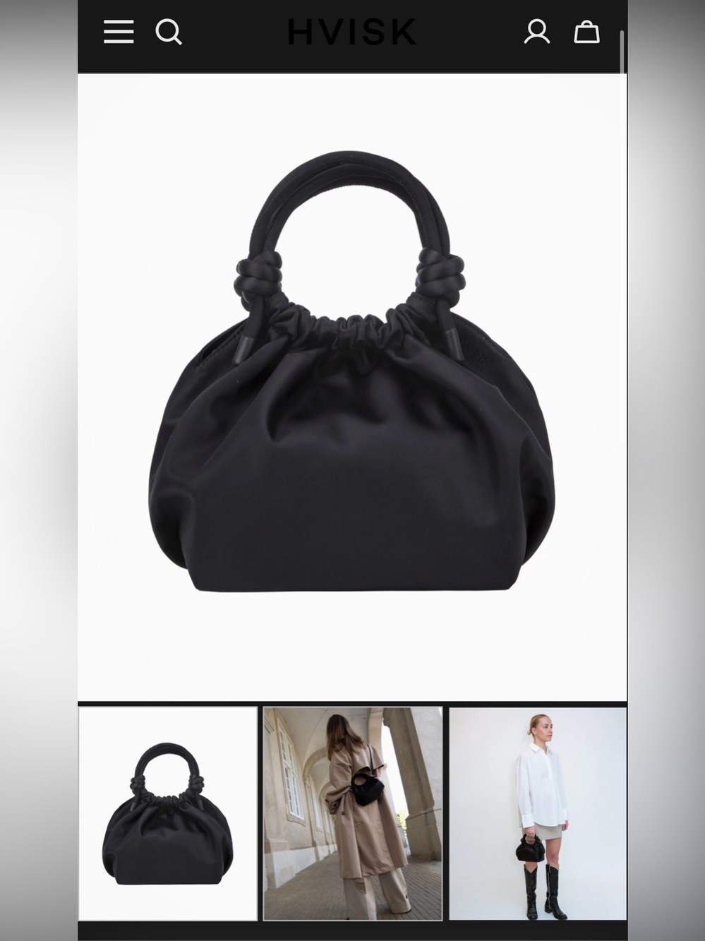HVISK Elegant Black Draped Shoulder Bag with Knotted Handle New Without Tags